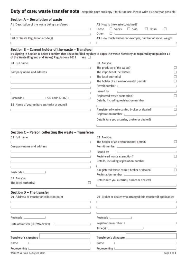 Sample Waste Transfer Note issued by DrClear House Clearance