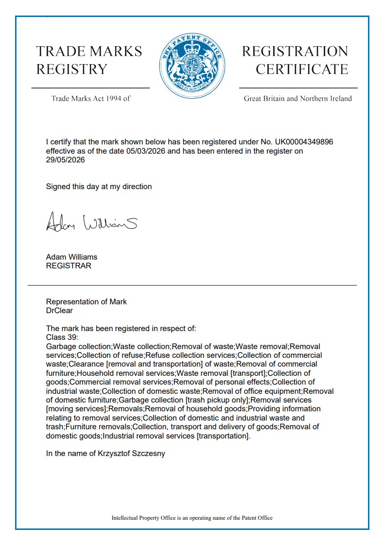 UK trademark certificate UK00004349896 for DrClear, owner Krzysztof Szczesny